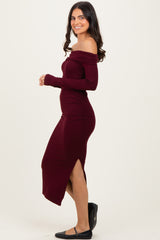 Wine Off Shoulder Ruched Side Slit Midi Dress