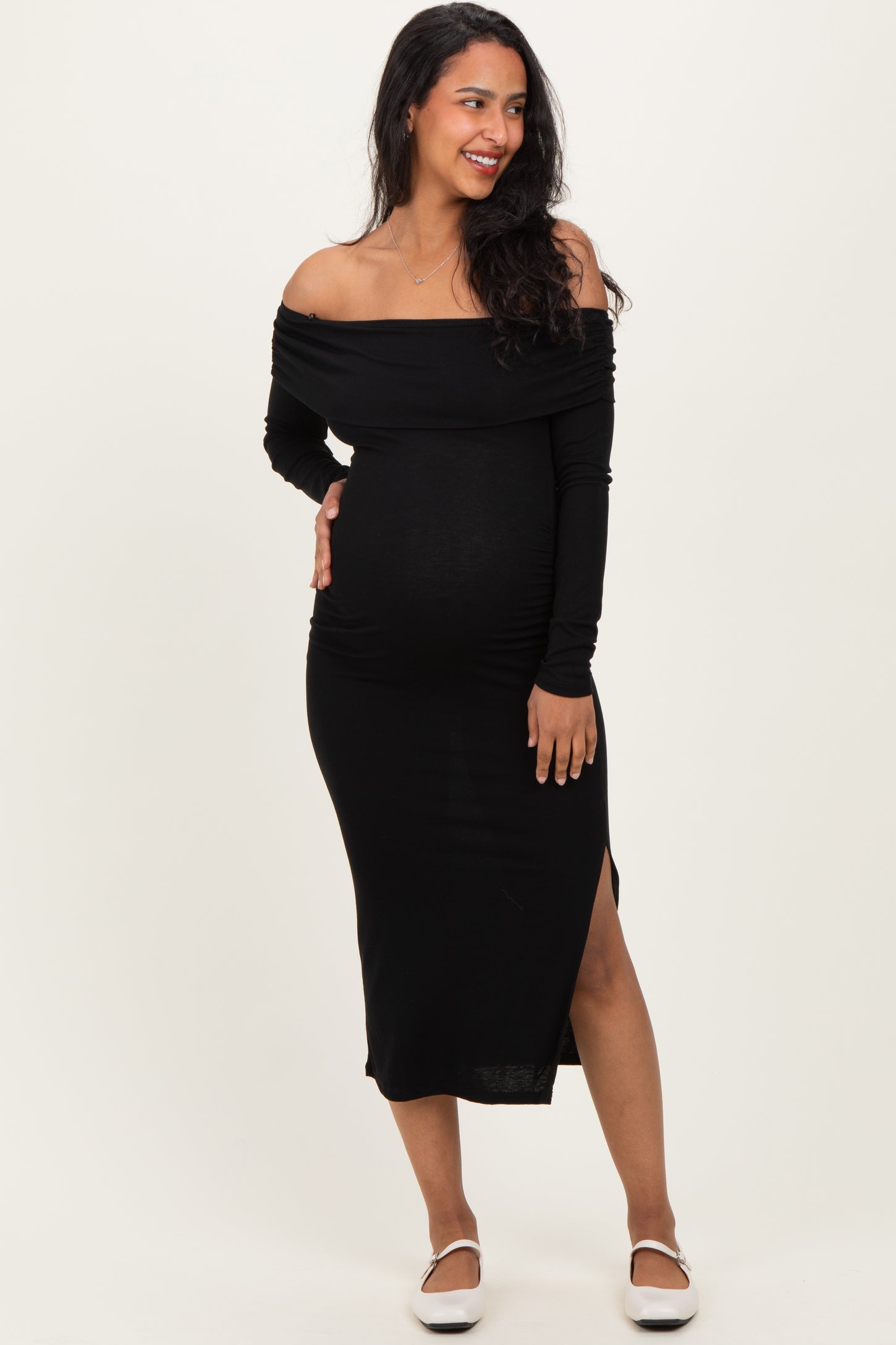Black Off Shoulder Ruched Side Slit Maternity Midi Dress
