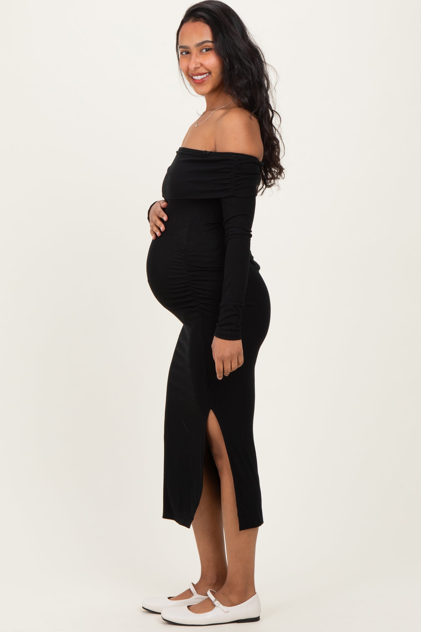 Black Off Shoulder Ruched Side Slit Maternity Midi Dress