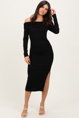 Black Off Shoulder Ruched Side Slit Midi Dress