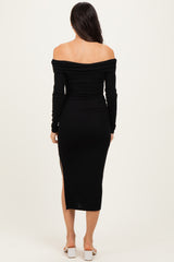 Black Off Shoulder Ruched Side Slit Midi Dress