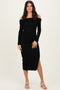 Black Off Shoulder Ruched Side Slit Midi Dress