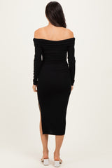 Black Off Shoulder Ruched Side Slit Midi Dress