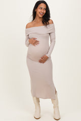 Beige Off Shoulder Ruched Side Slit Maternity Midi Dress