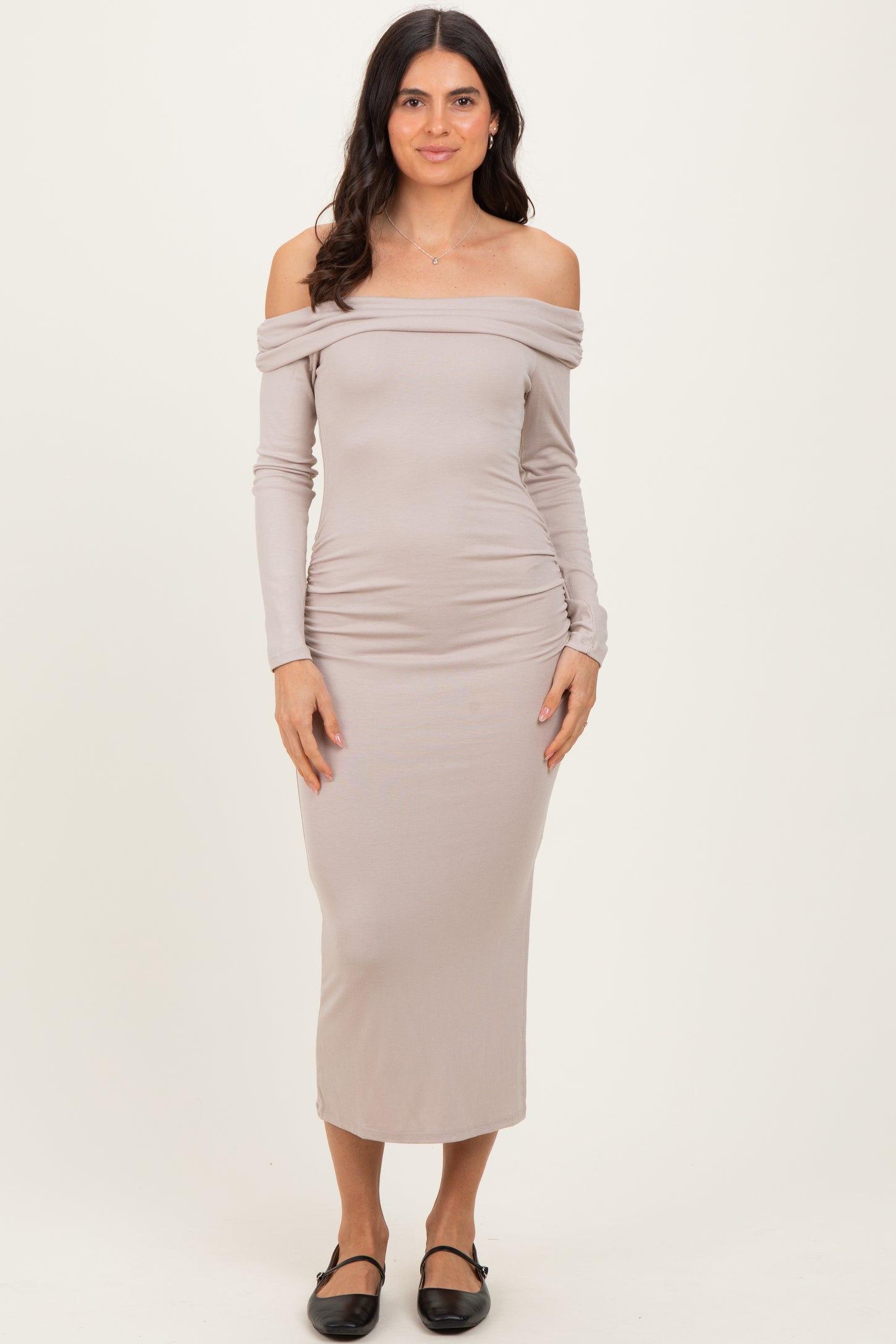 Beige Off Shoulder Ruched Side Slit Midi Dress
