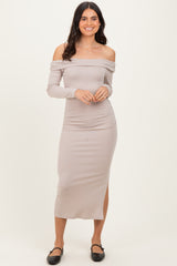 Beige Off Shoulder Ruched Side Slit Maternity Midi Dress
