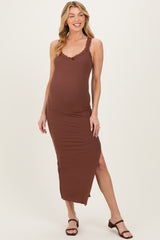 Brown Lace Trim Side Slit Maternity Tank Dress