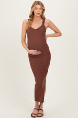 Brown Lace Trim Side Slit Maternity Tank Dress