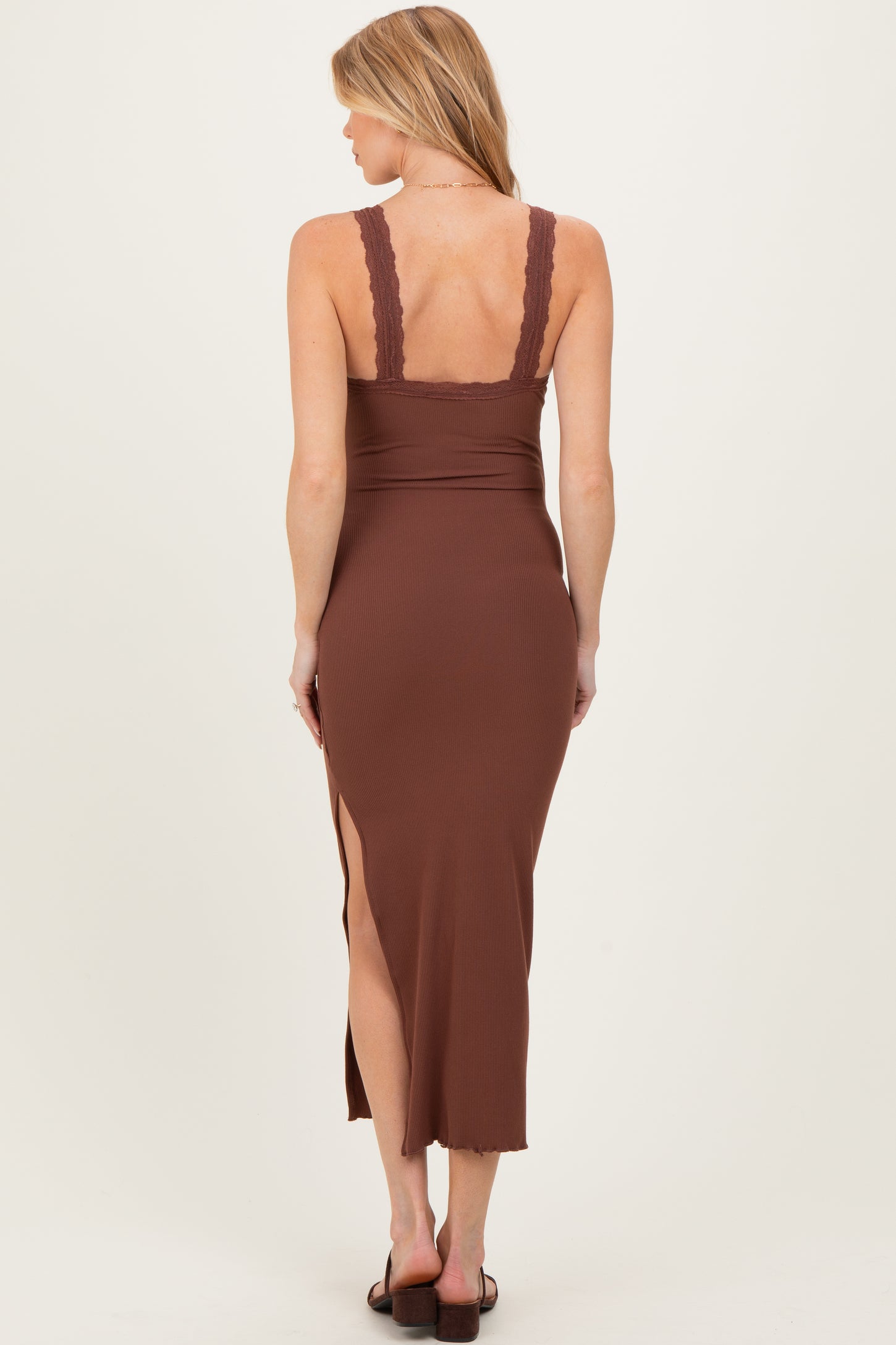 Brown Lace Trim Side Slit Maternity Tank Dress