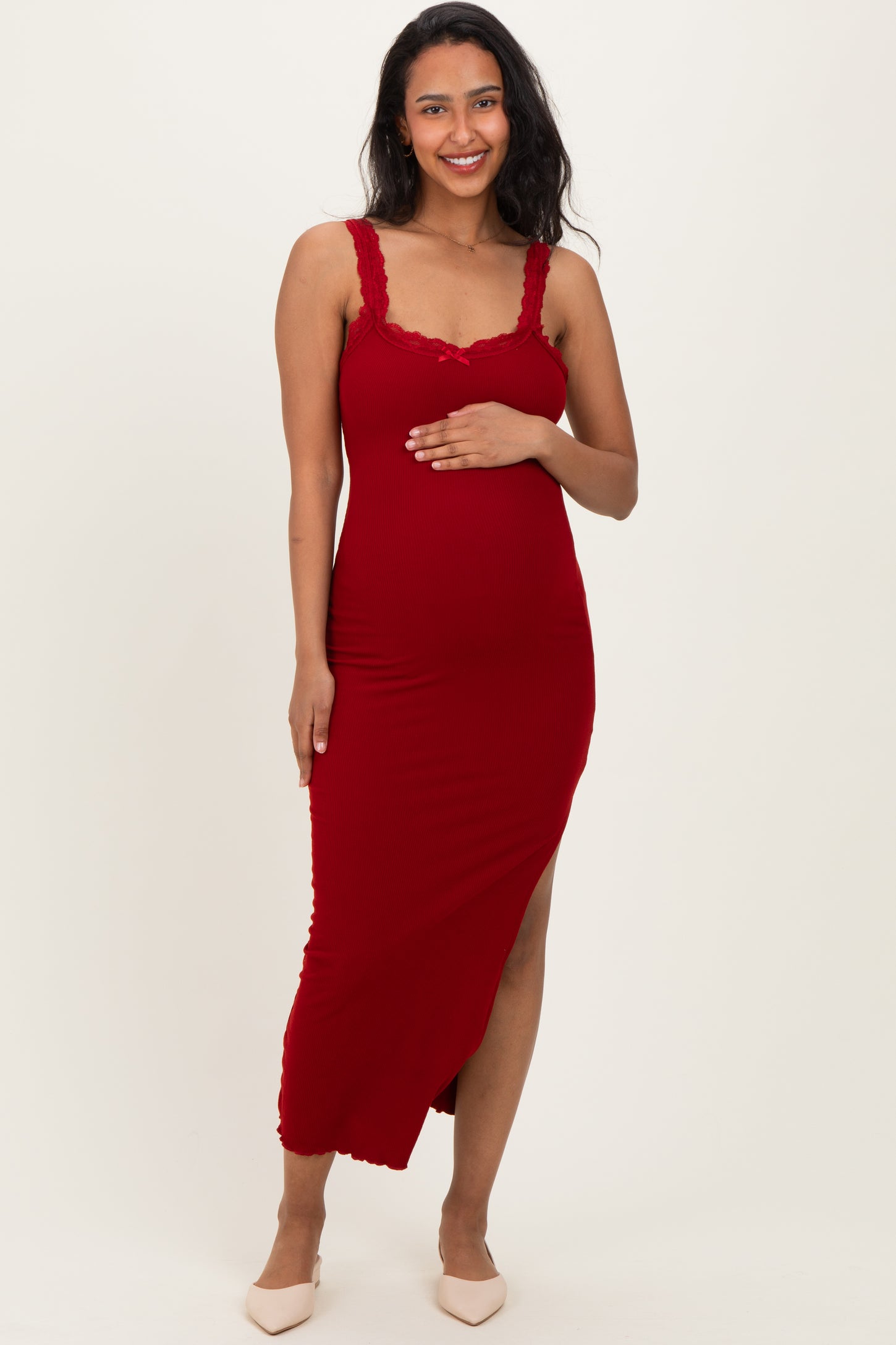 Burgundy Lace Trim Side Slit Maternity Tank Dress