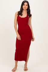 Burgundy Lace Trim Side Slit Maternity Tank Dress