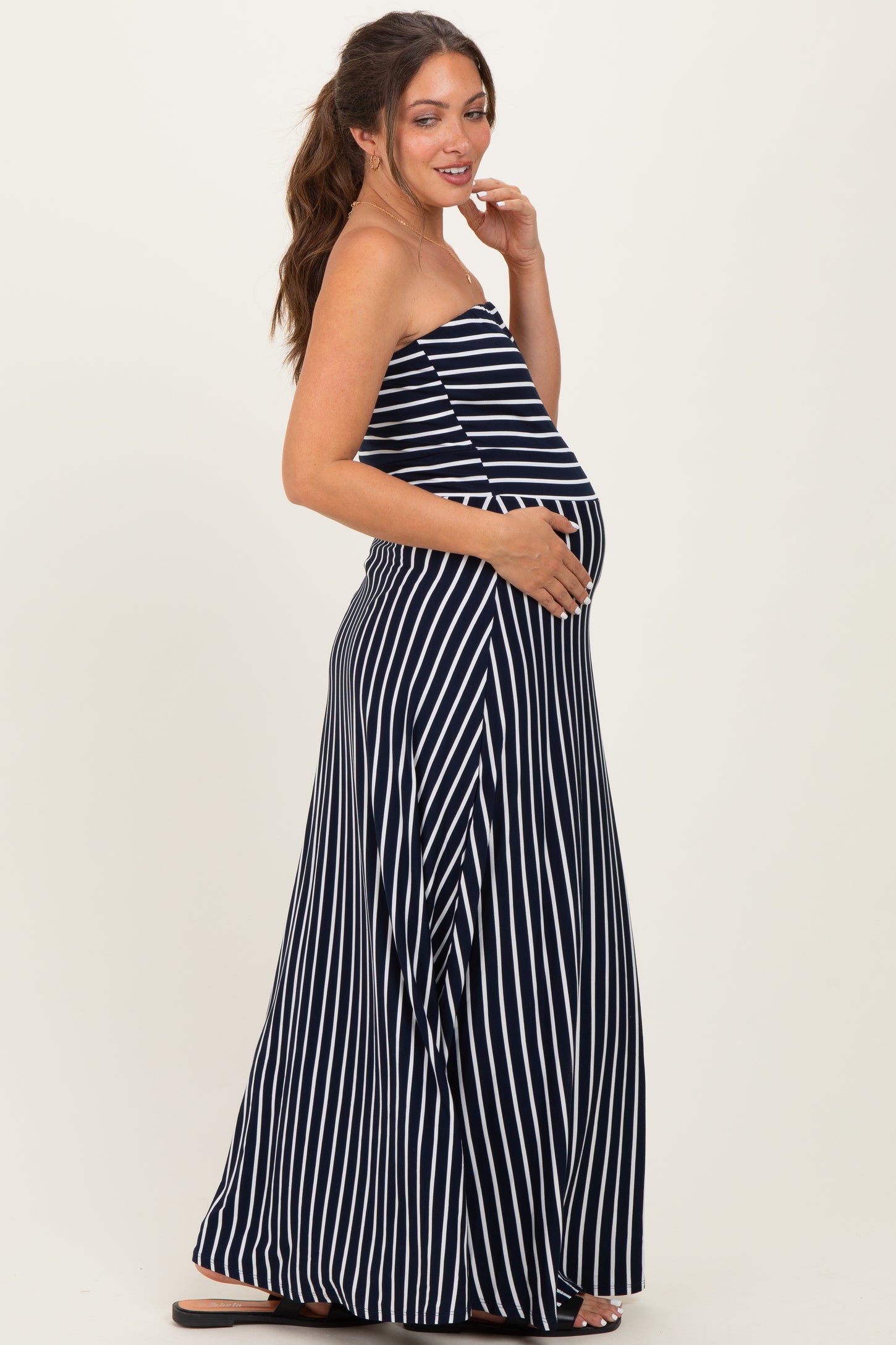 Navy Striped Strapless Maternity Maxi Dress
