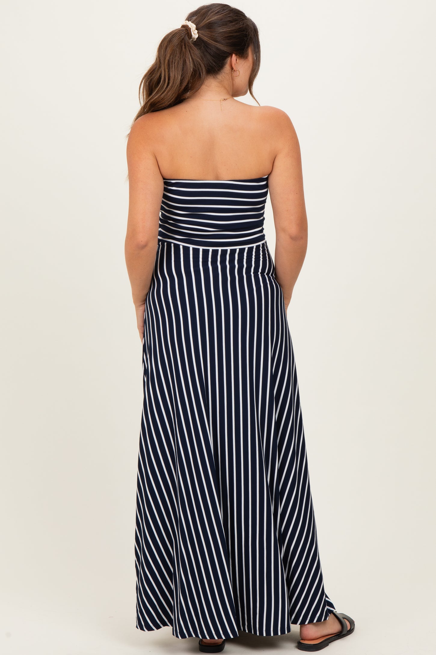 Navy Striped Strapless Maternity Maxi Dress