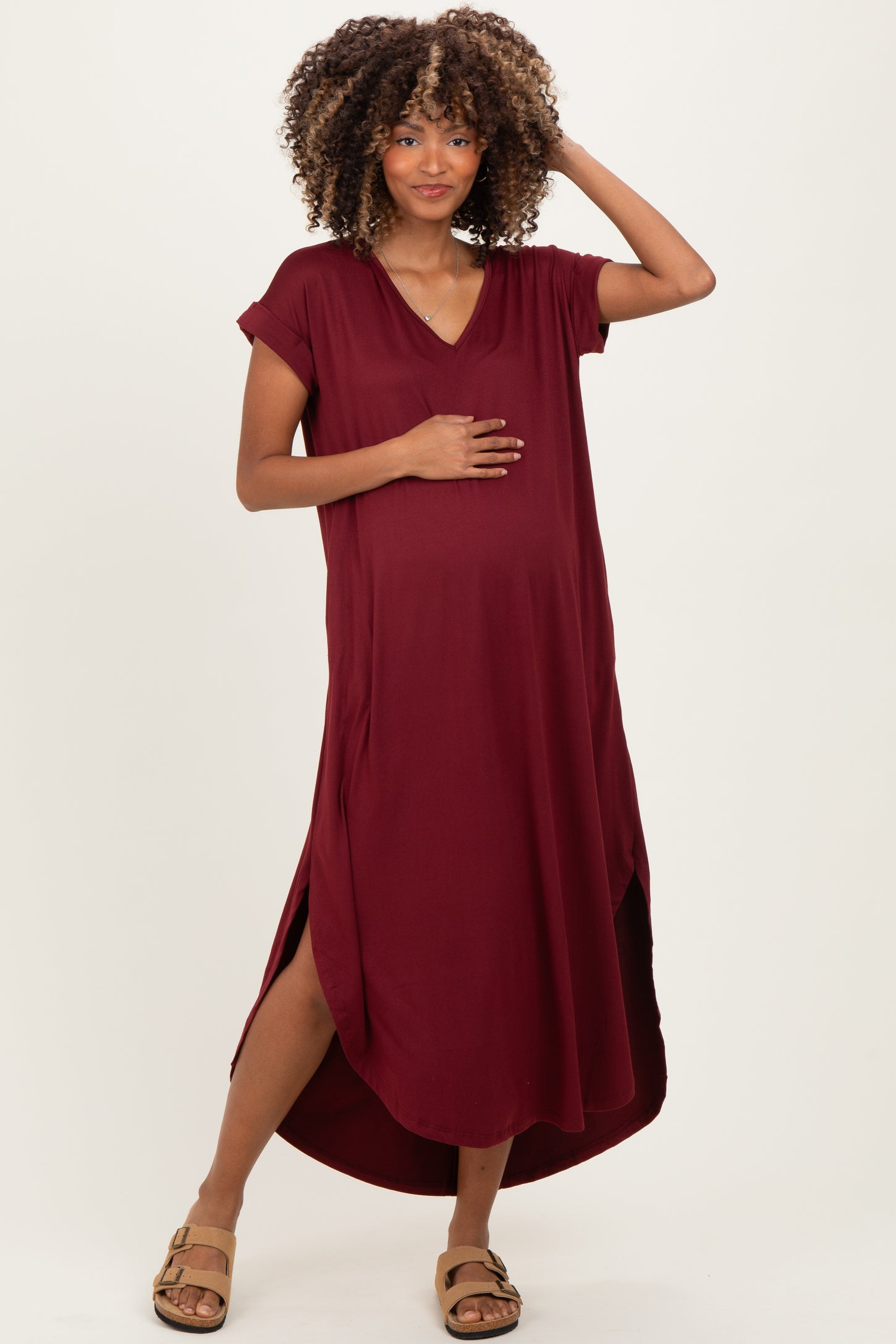 Dark Wine Side Slit Maternity Maxi Dress