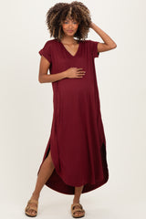 Dark Wine Side Slit Maternity Maxi Dress