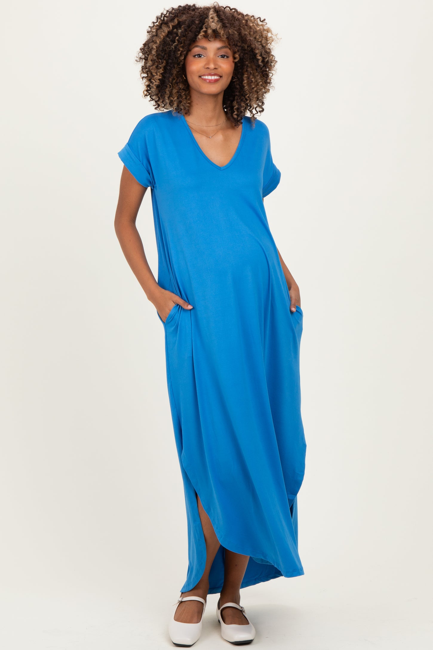 Aqua Blue Side Slit Maternity Maxi Dress