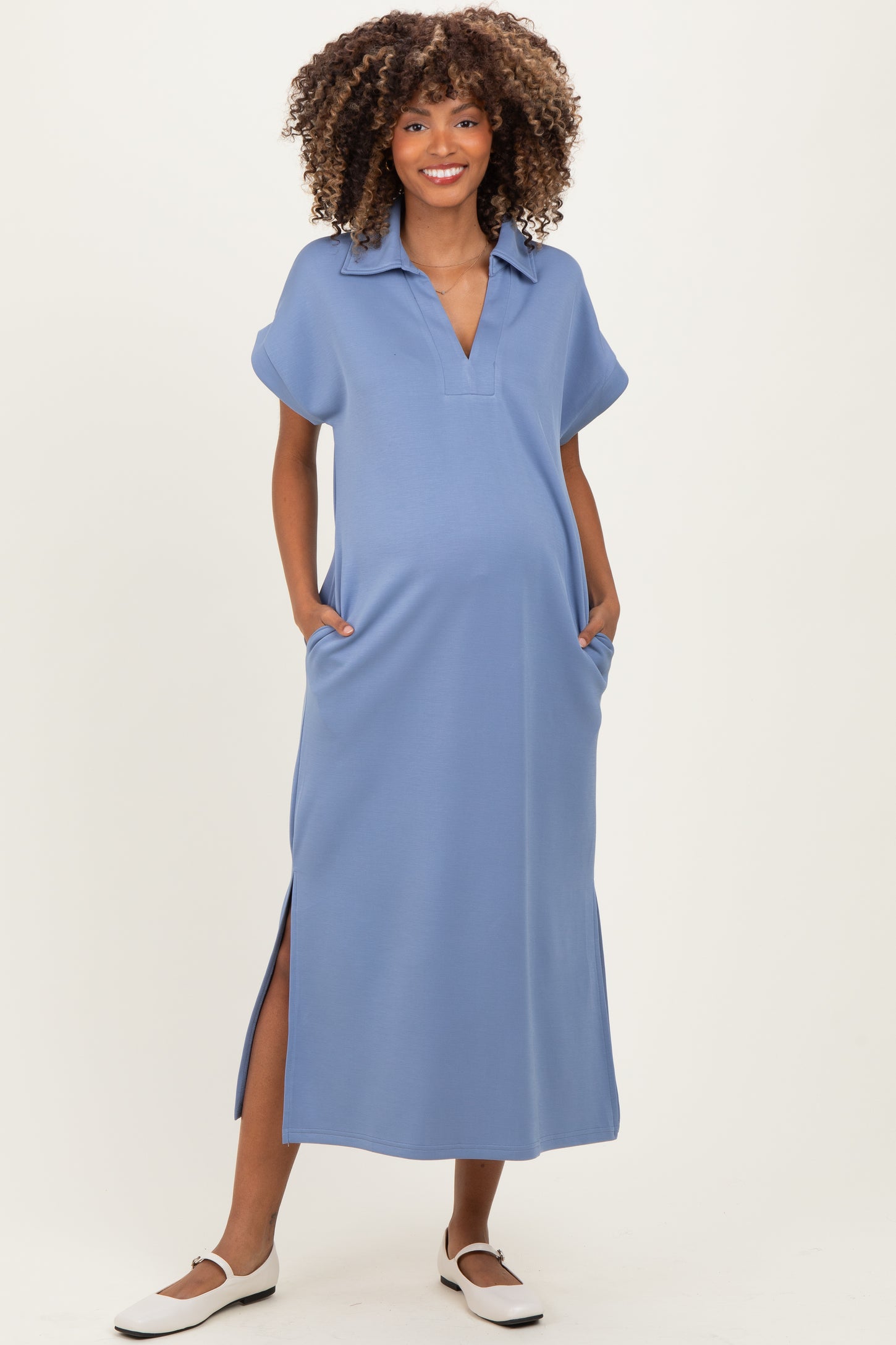 Dusty Blue Collared Short Sleeve Maternity Midi Dress