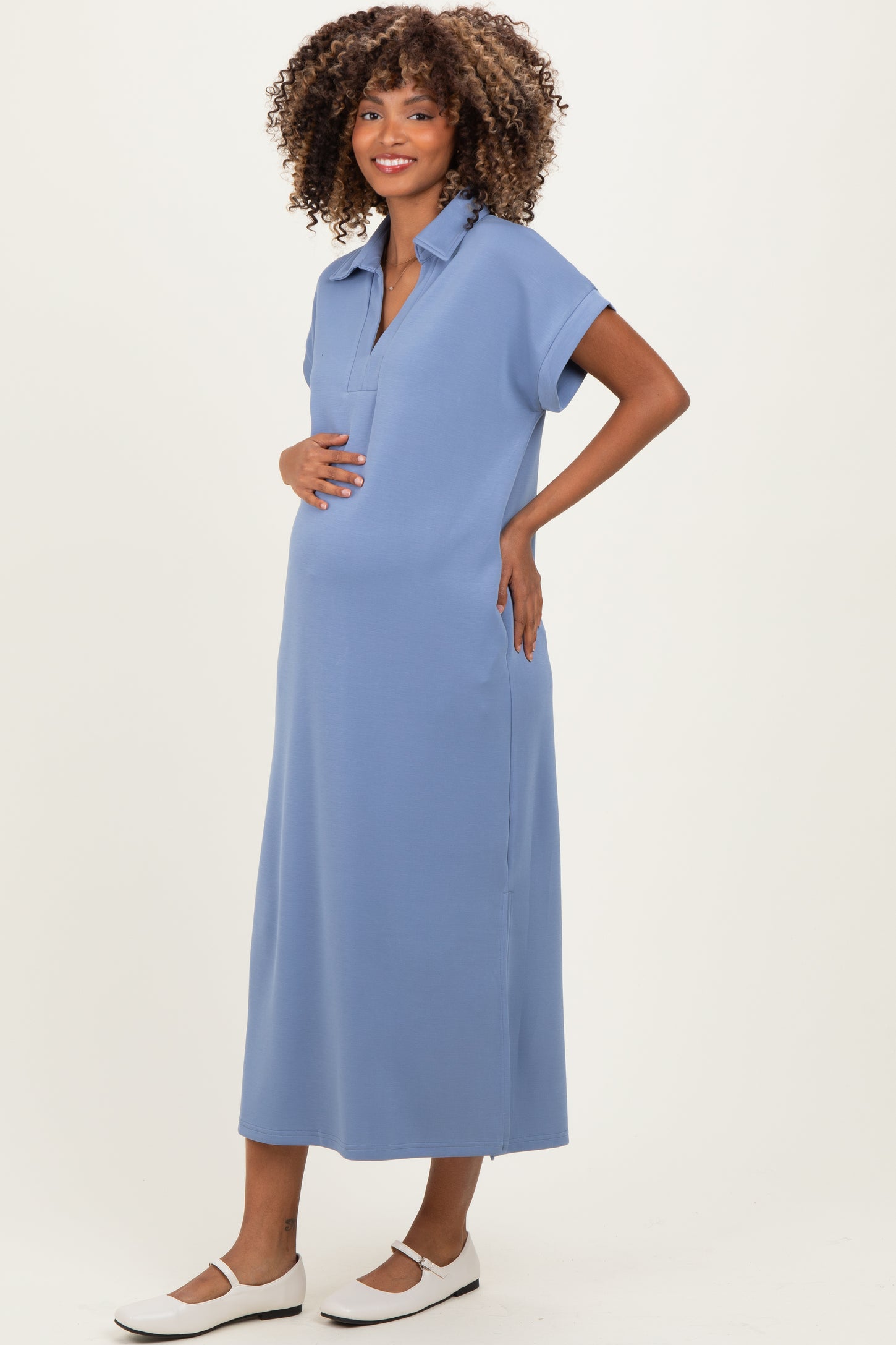 Dusty Blue Collared Short Sleeve Maternity Midi Dress