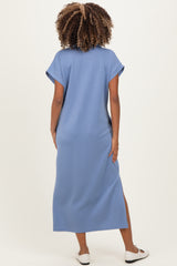 Dusty Blue Collared Short Sleeve Maternity Midi Dress