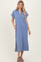 Dusty Blue Collared Short Sleeve Midi Dress