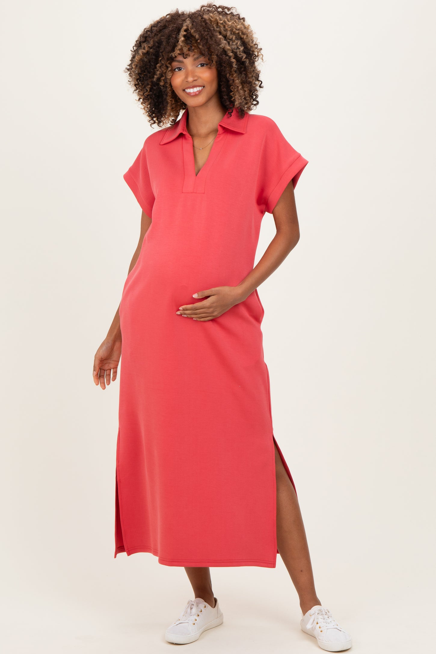 Pink Coral Collared Short Sleeve Maternity Midi Dress