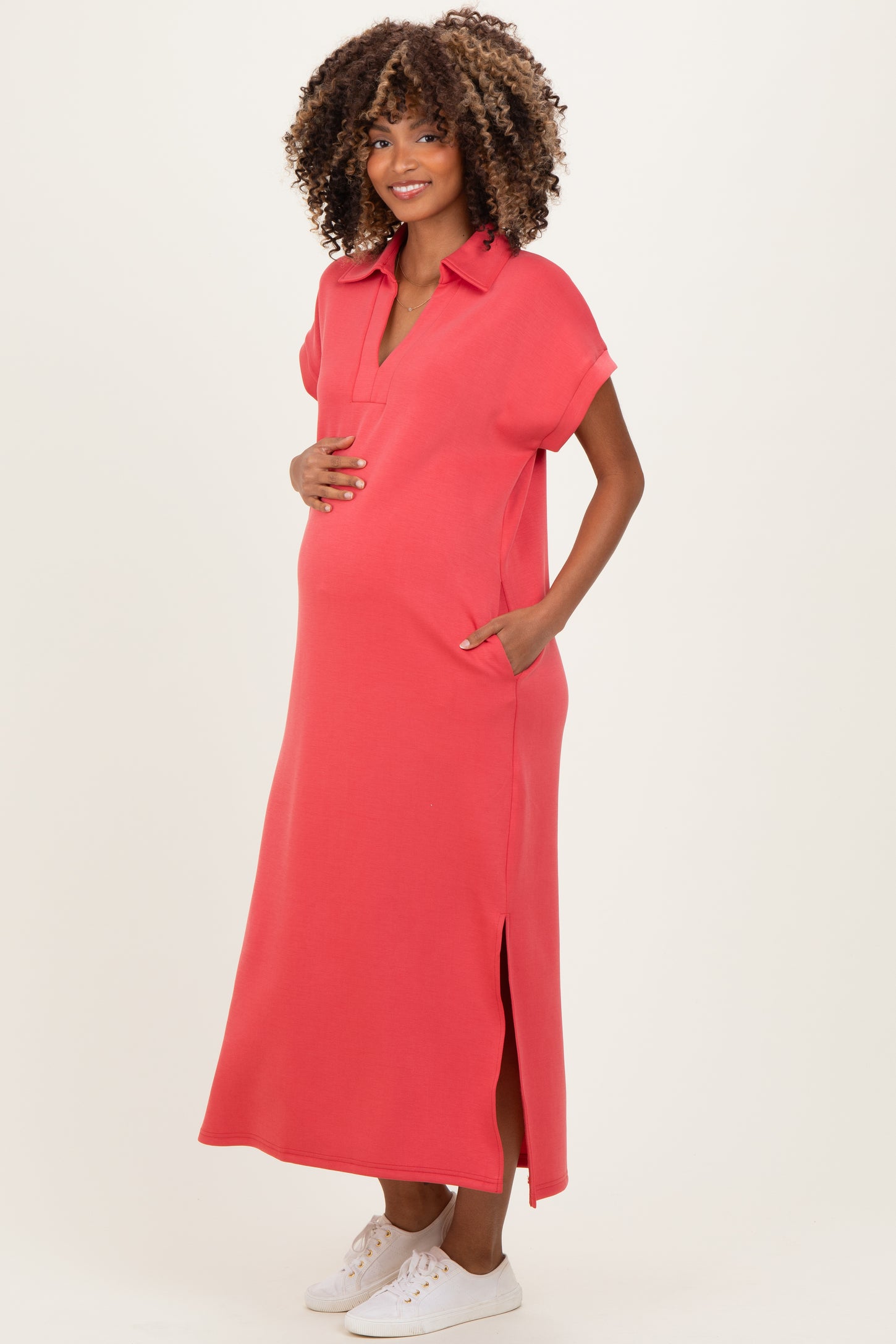 Pink Coral Collared Short Sleeve Maternity Midi Dress