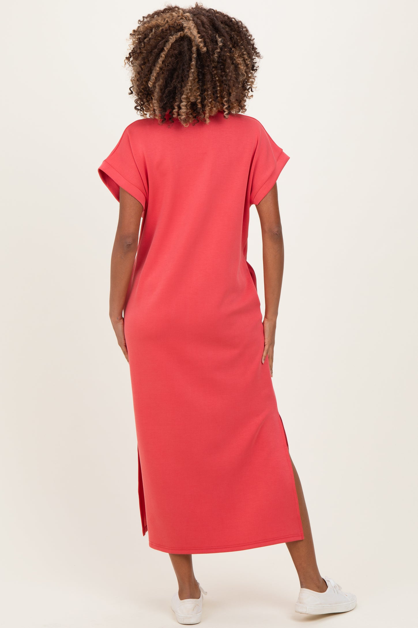 Pink Coral Collared Short Sleeve Maternity Midi Dress