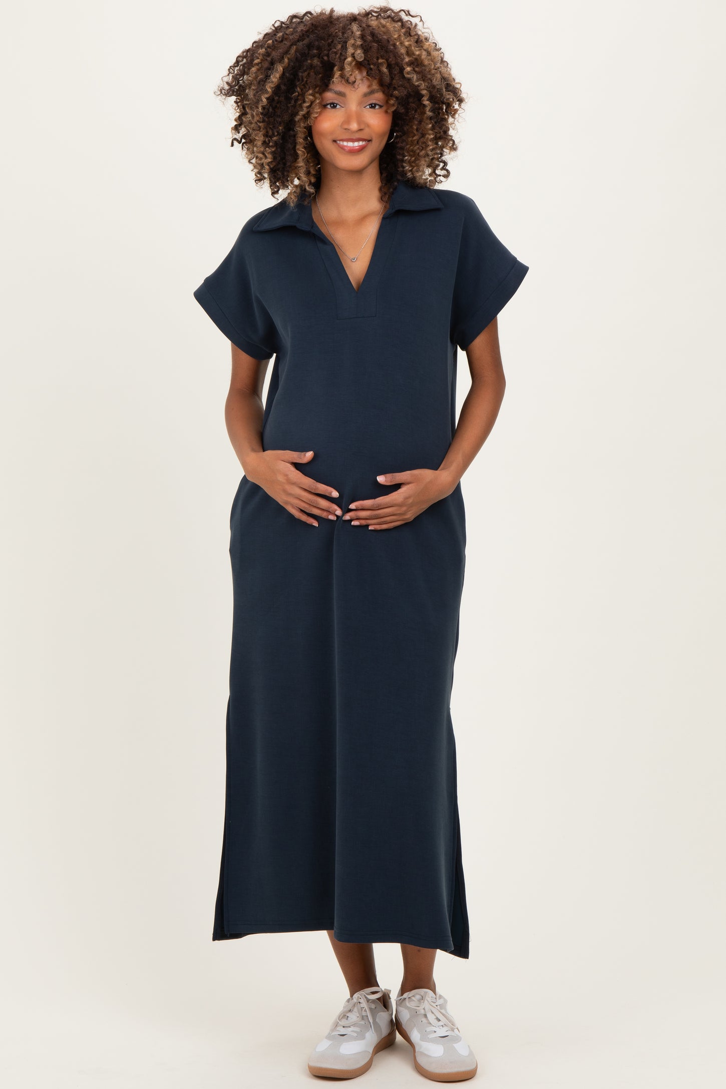 Navy Collared Short Sleeve Maternity Midi Dress