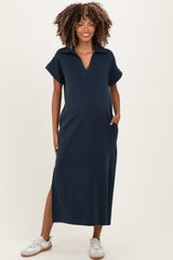 Navy Collared Short Sleeve Maternity Midi Dress