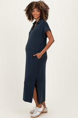 Navy Collared Short Sleeve Maternity Midi Dress