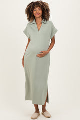 Sage Collared Short Sleeve Maternity Midi Dress