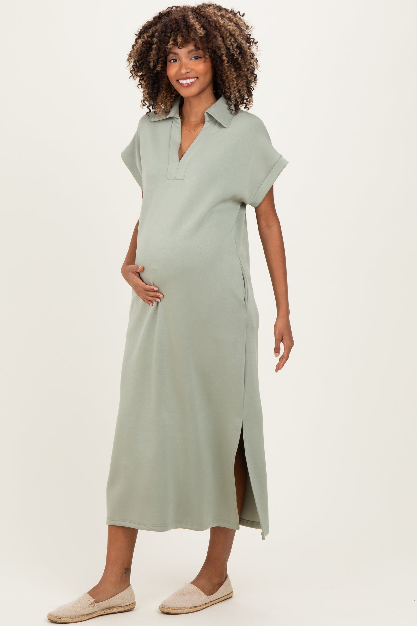 Sage Collared Short Sleeve Maternity Midi Dress