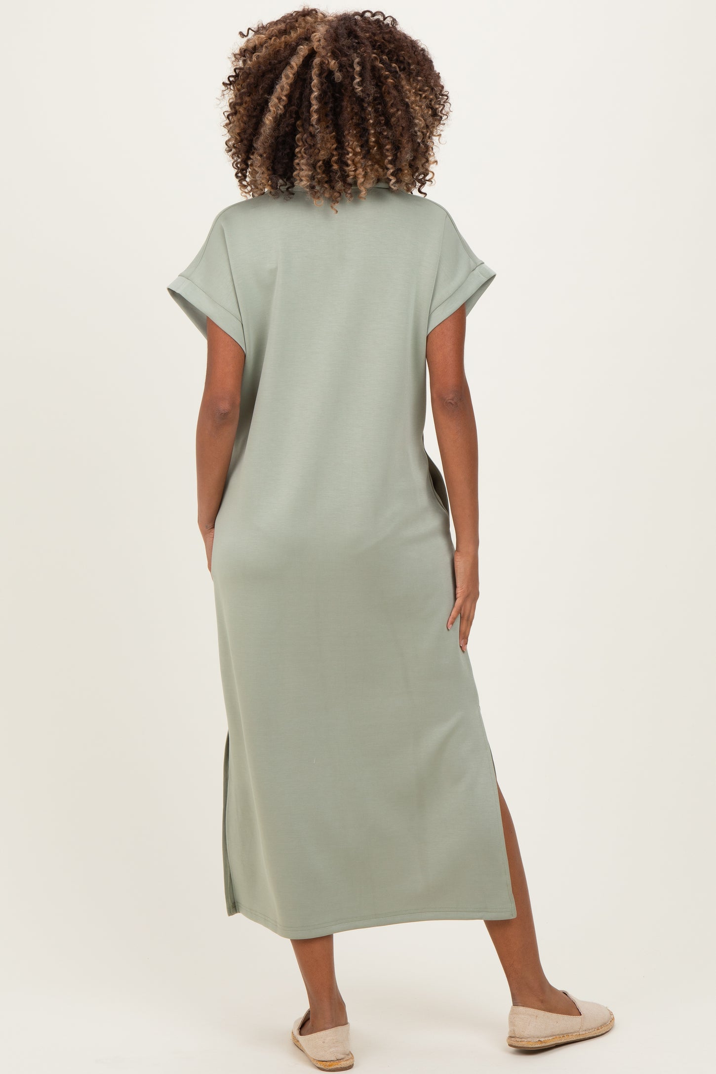 Sage Collared Short Sleeve Maternity Midi Dress