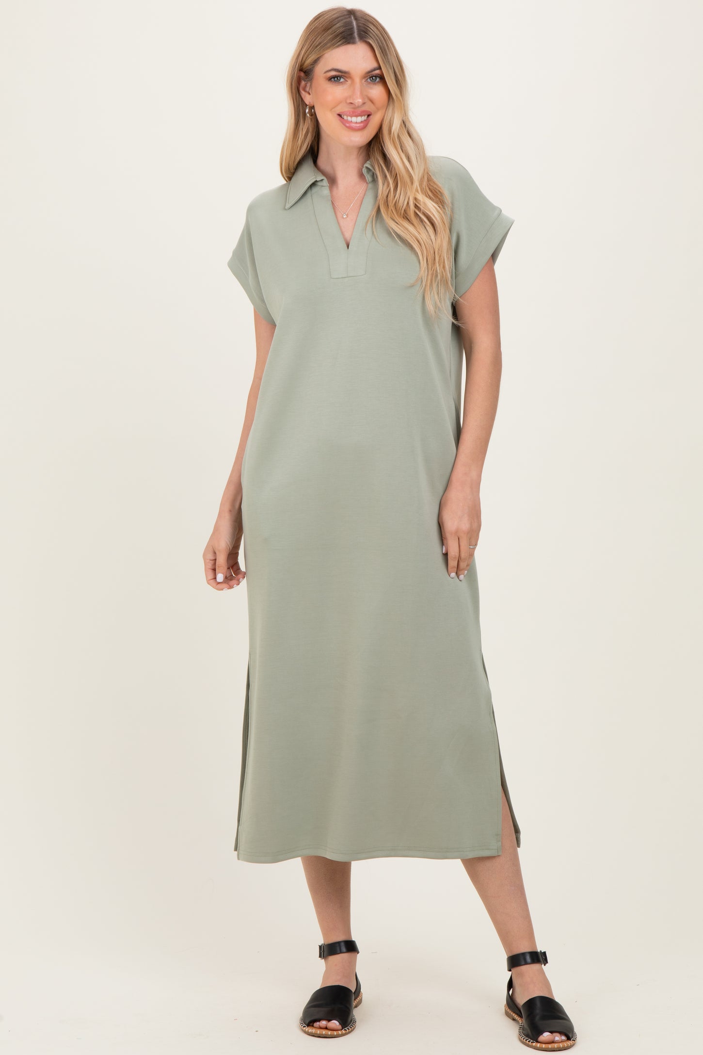 Sage Collared Short Sleeve Maternity Midi Dress
