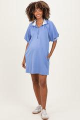 Dusty Blue Half Zip Puff Sleeve Maternity Mini Dress
