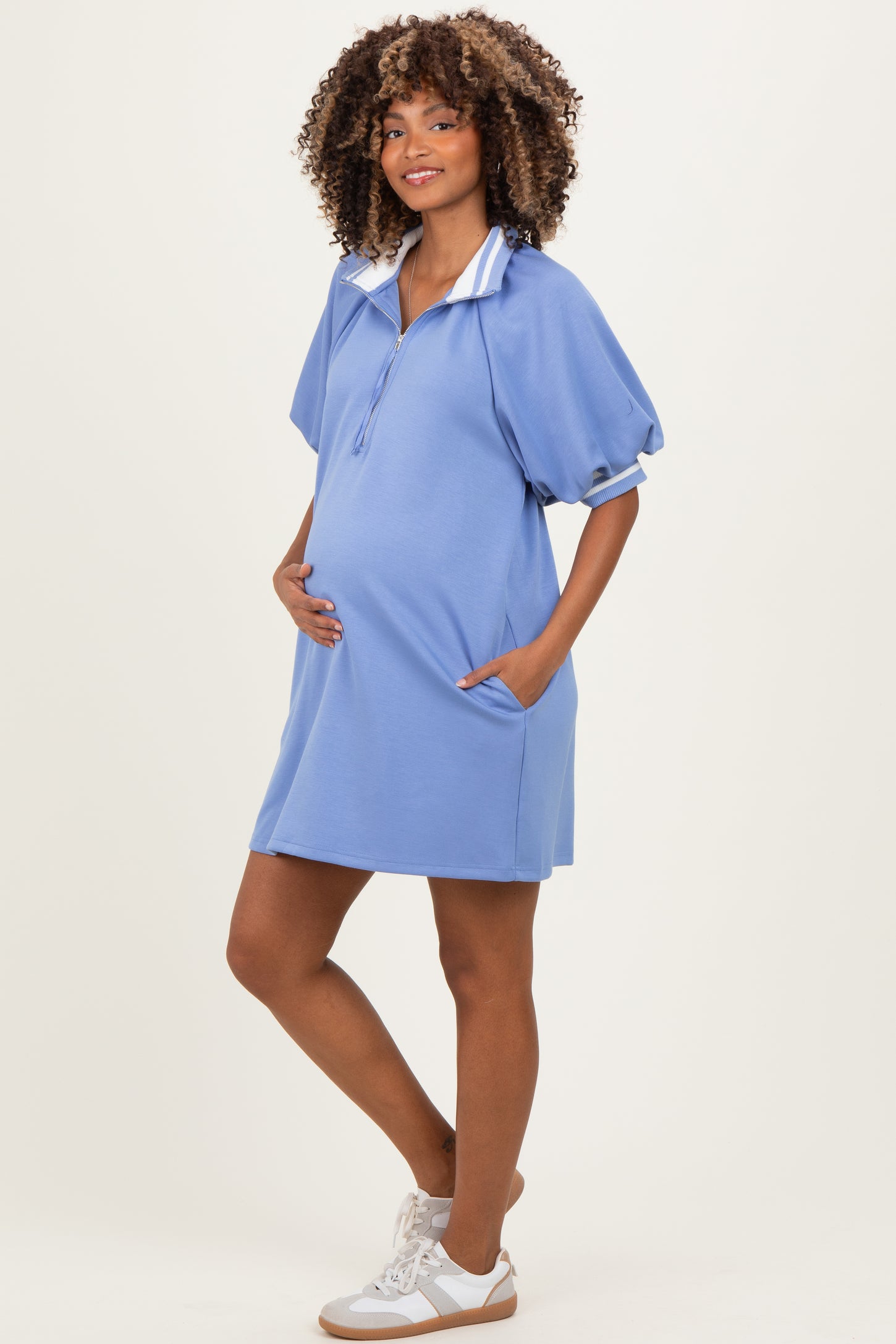 Dusty Blue Half Zip Puff Sleeve Maternity Mini Dress