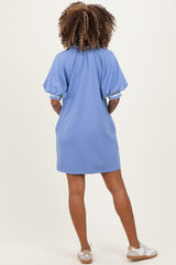 Dusty Blue Half Zip Puff Sleeve Maternity Mini Dress