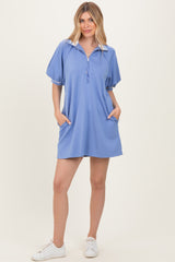 Dusty Blue Half Zip Puff Sleeve Mini Dress