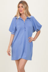 Dusty Blue Half Zip Puff Sleeve Mini Dress