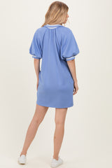 Dusty Blue Half Zip Puff Sleeve Mini Dress