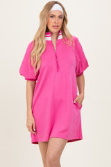 Hot Pink Half Zip Puff Sleeve Mini Dress