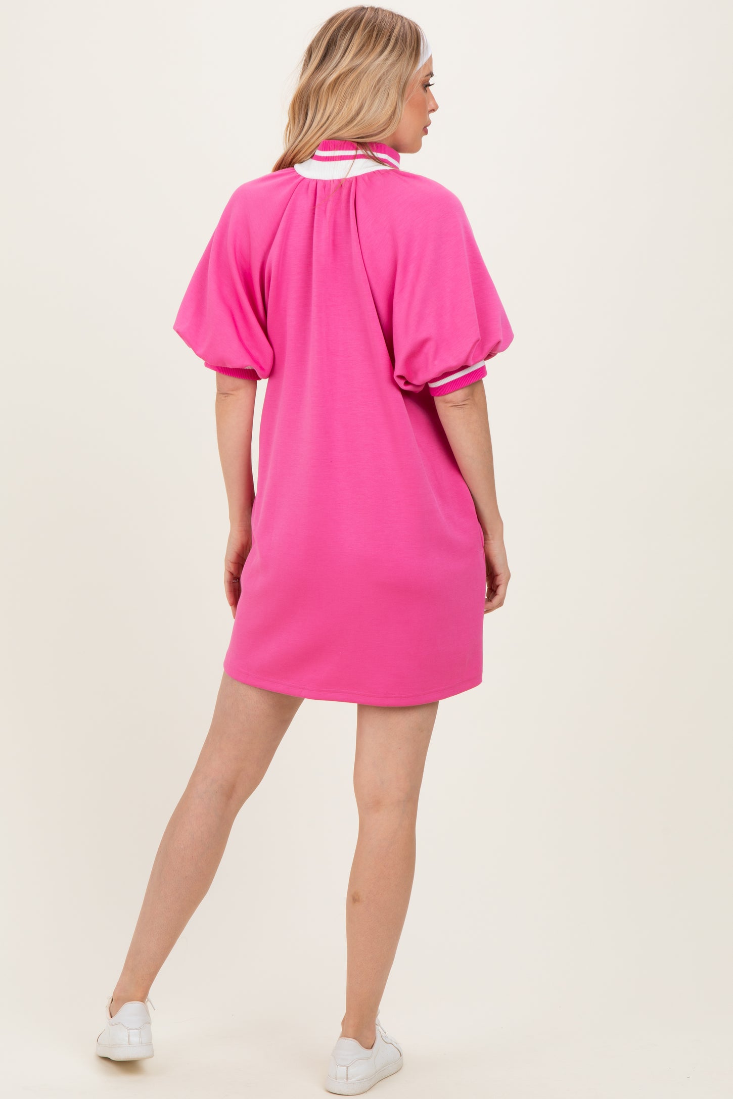 Hot Pink Half Zip Puff Sleeve Mini Dress