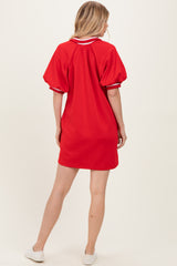 Red Half Zip Puff Sleeve Mini Dress