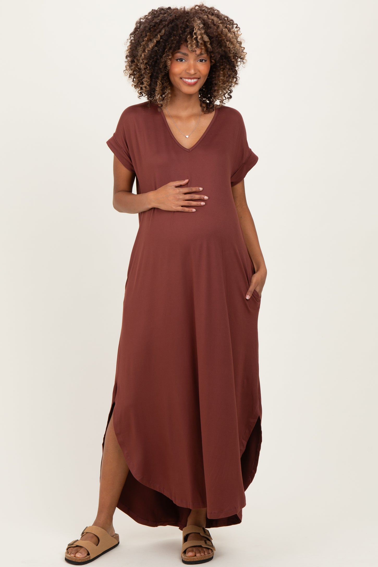 Chocolate Side Slit Maternity Maxi Dress