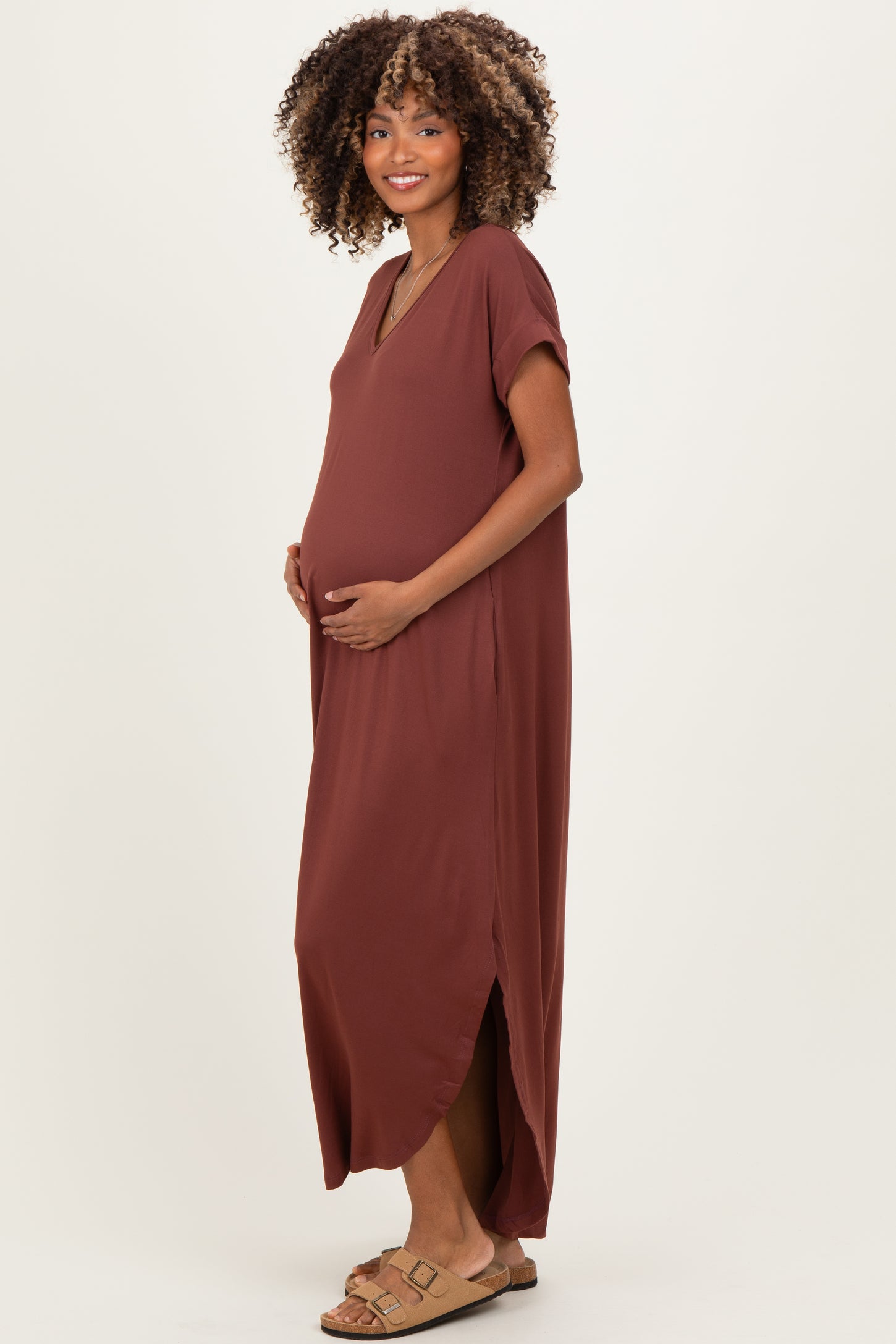 Chocolate Side Slit Maternity Maxi Dress