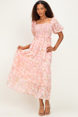 Pink Floral Chiffon Smocked Maxi Dress