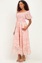 Pink Floral Chiffon Smocked Maxi Dress