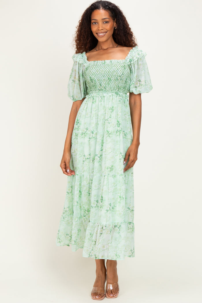 Mint Floral Chiffon Smocked Maternity Maxi Dress