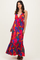 Red Floral Halter V-Neck Maxi Dress