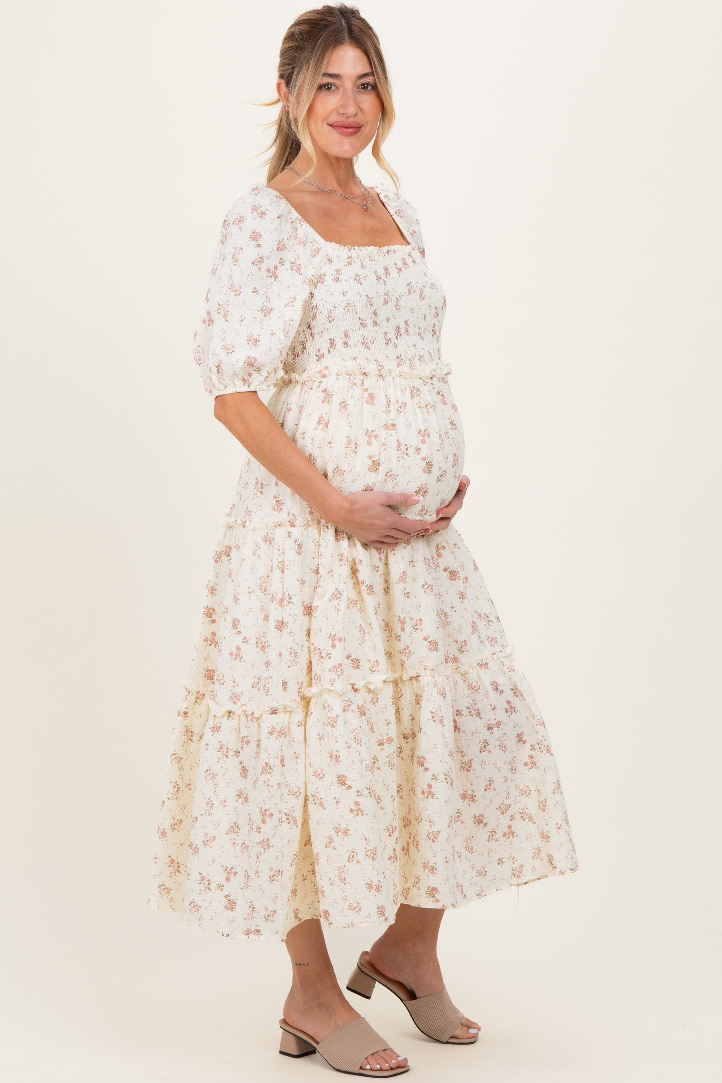 Ivory Rose Floral Smocked Maternity Maxi Dress